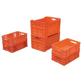 Stackable plastic boxes are made from virgin polyethylene for strength and longevity.